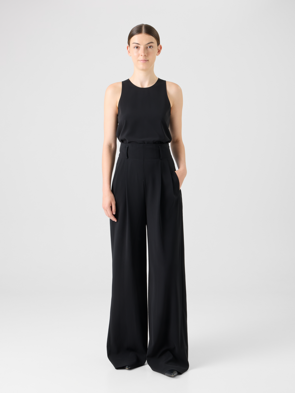 Designer High-Waist Lasercut Crêpe Wide Pants - black #editorial