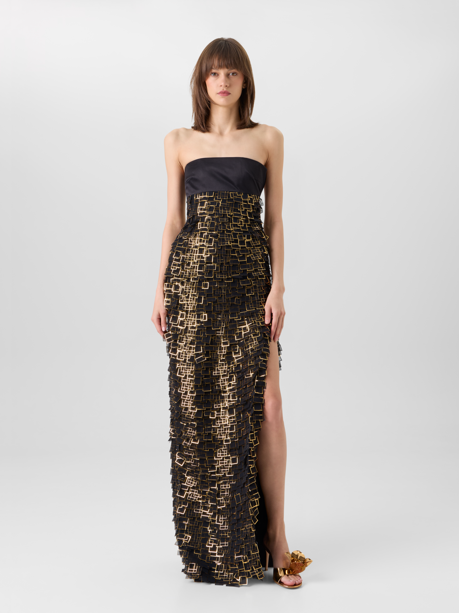Designer Bustier Gown in Golden Frame Organza Tiles - gold - black 