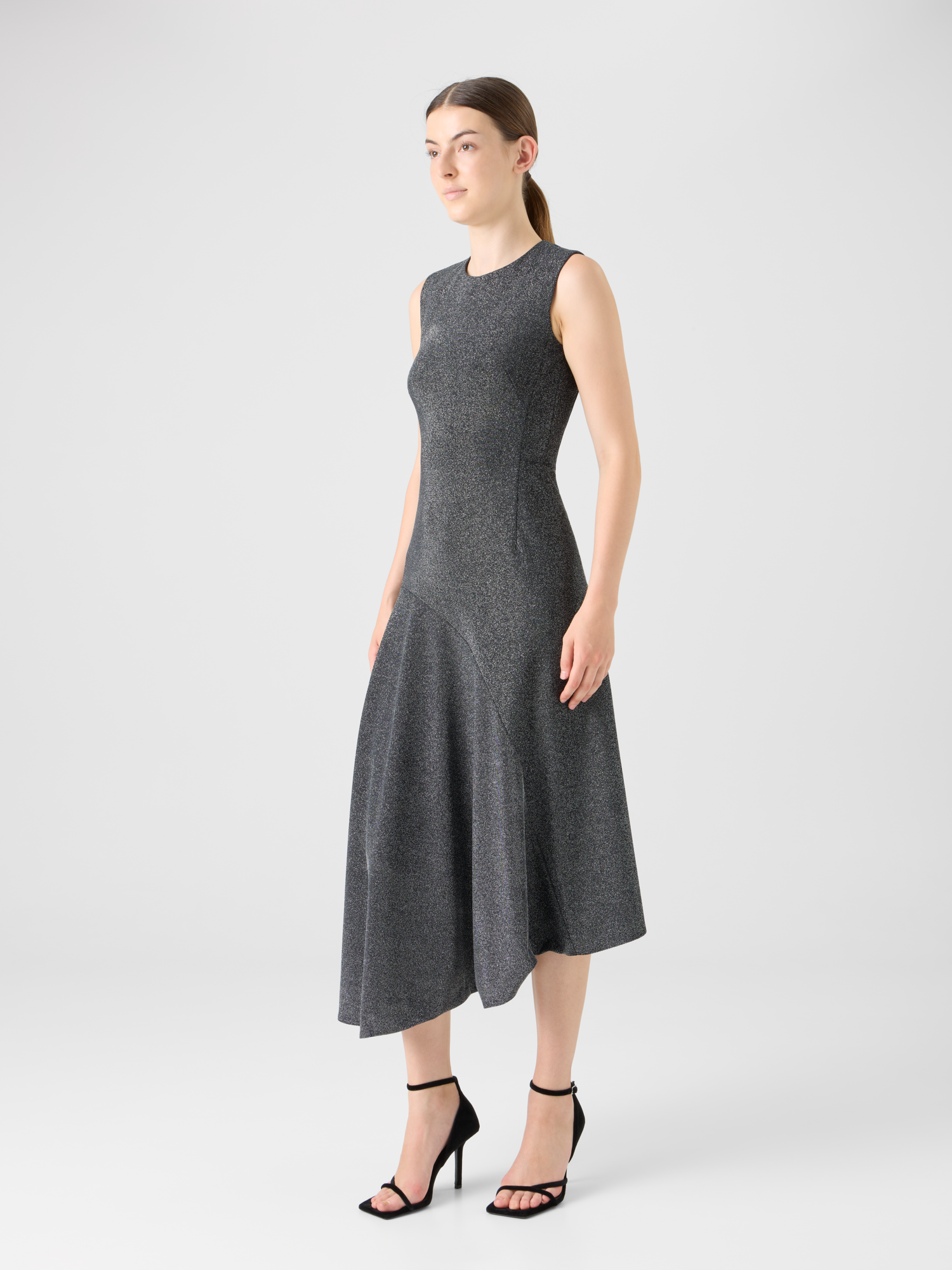 Designer Metallic Jersey Dress with Handkerchief Hem - silver 