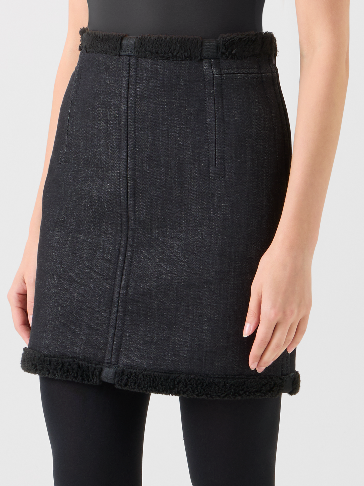 Designer Cotton Denim and Faux Shearling Mini Skirt - black - neutral #editorial
