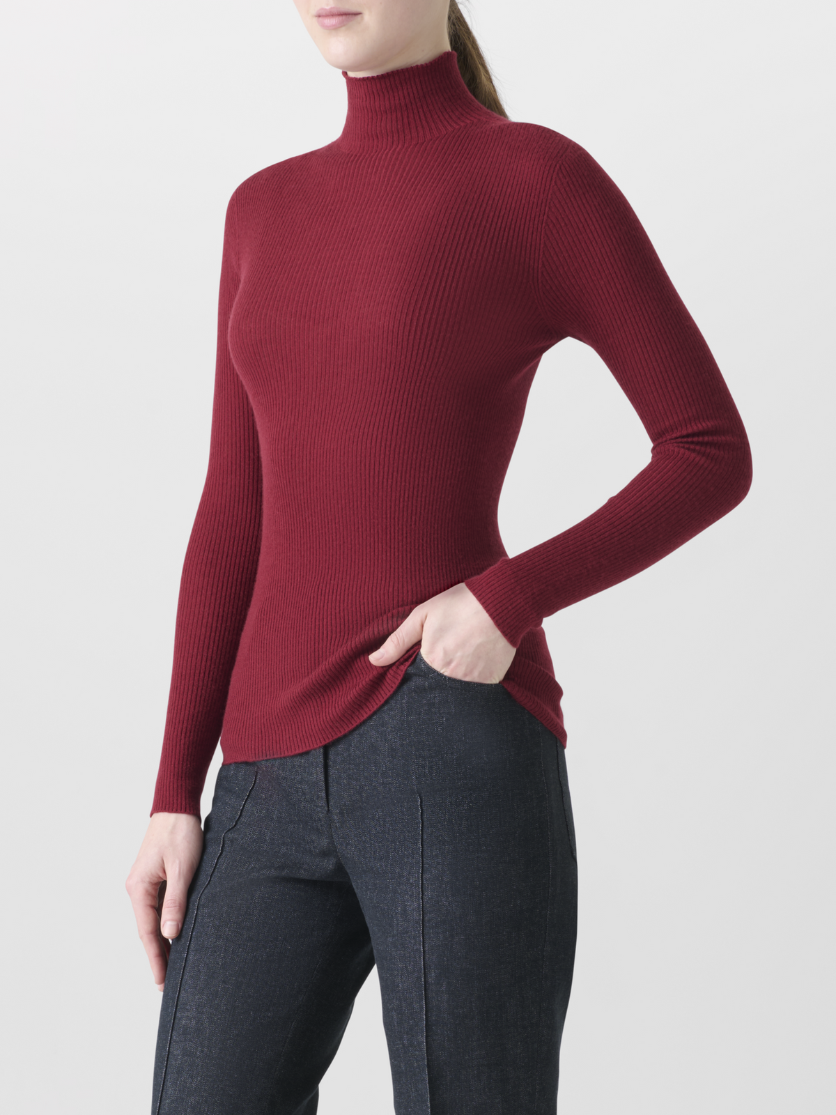 Designer Fine Rib Cashmere Silk Mock Neck Sweater - red #editorial