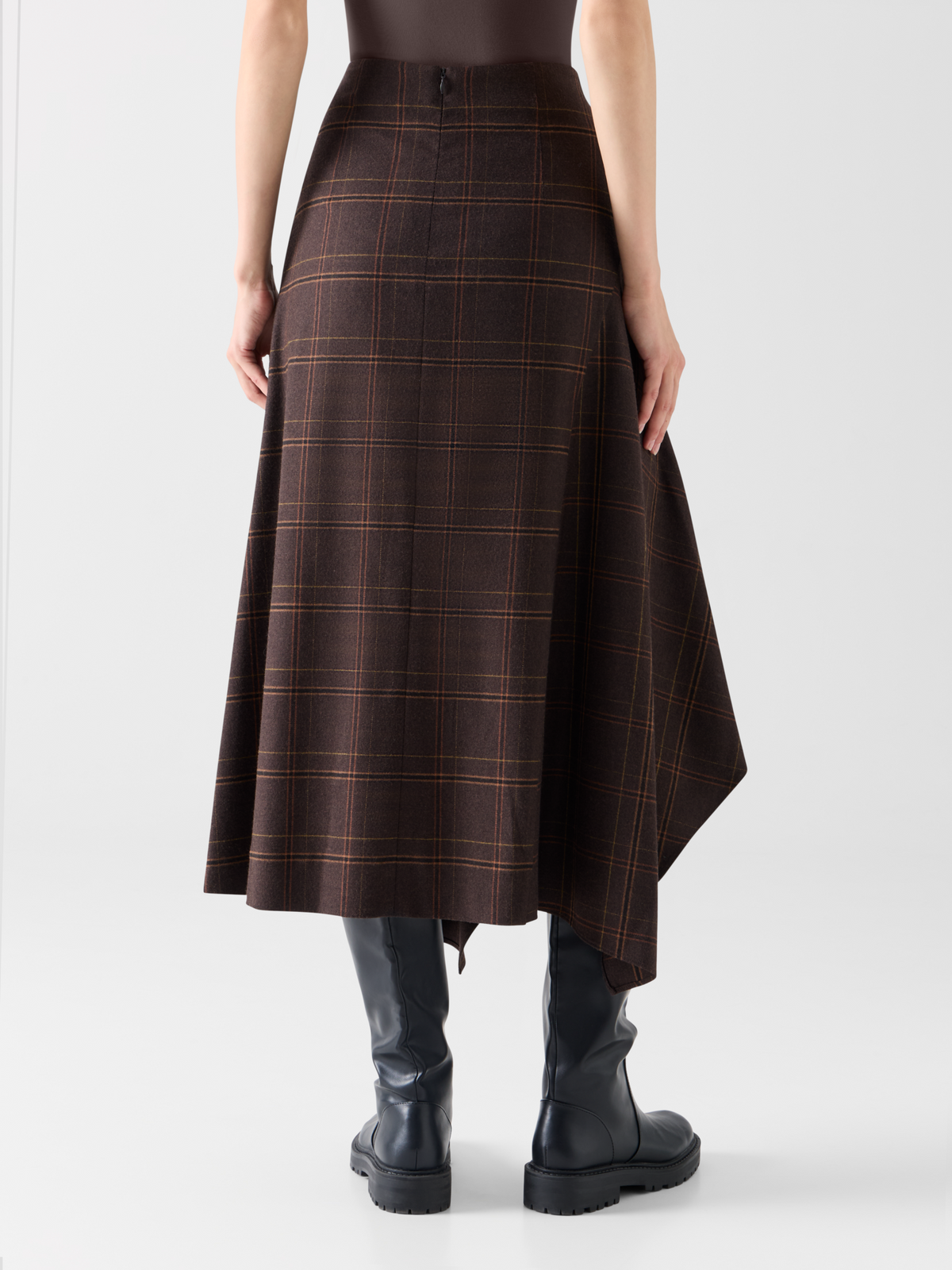 Designer Midi Skirt in Check Flannel with Handkerchief Hem - brown 