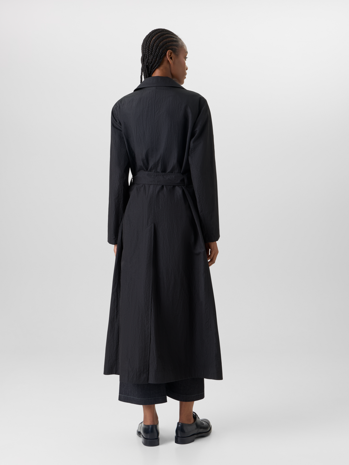 Designer Long-Sleeve Crinkled Parachute-Taffeta Long Trench Coat - black #editorial