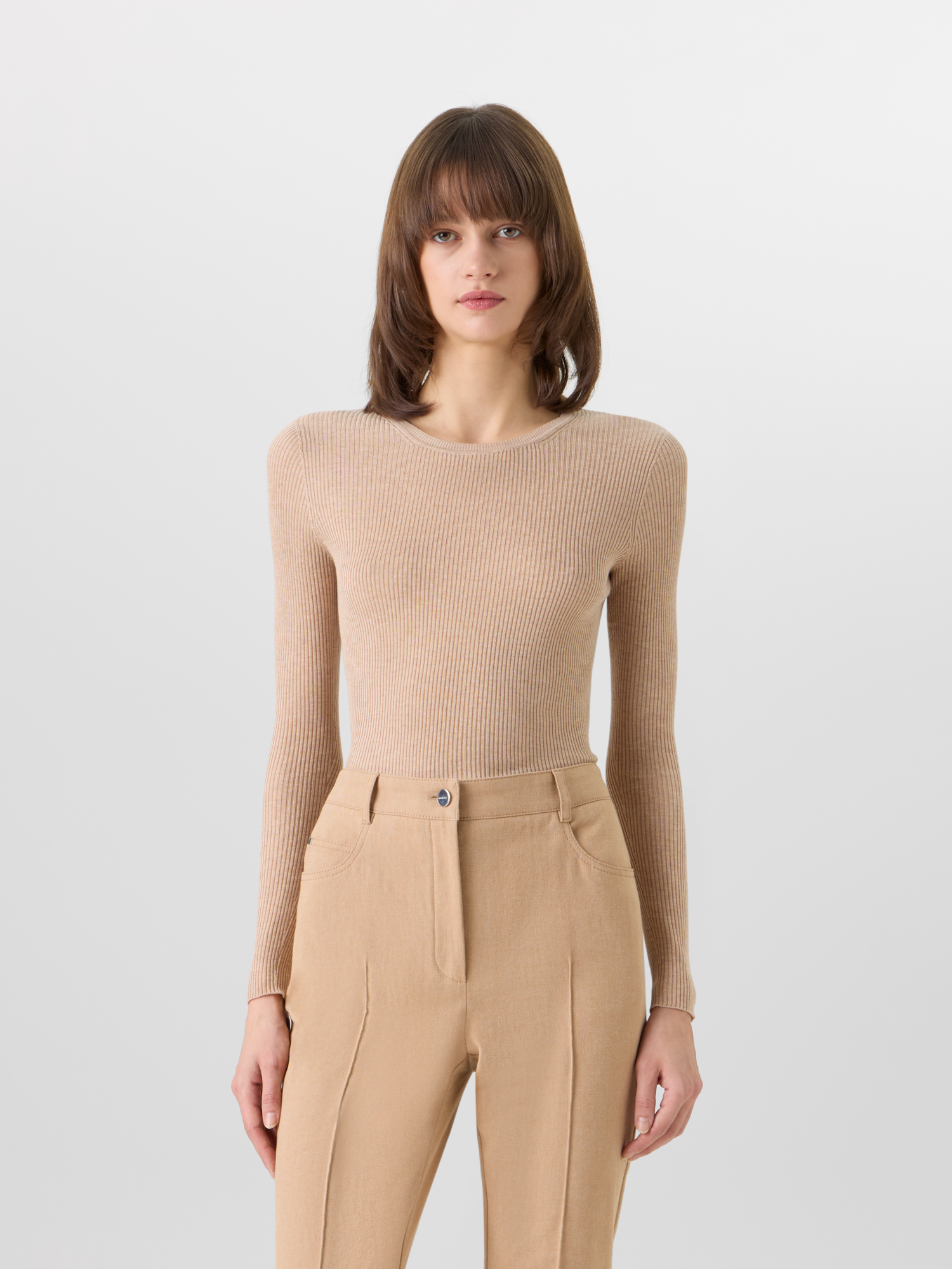 Designer Long-Sleeve Silk-Cotton Knit Sweater - beige 
