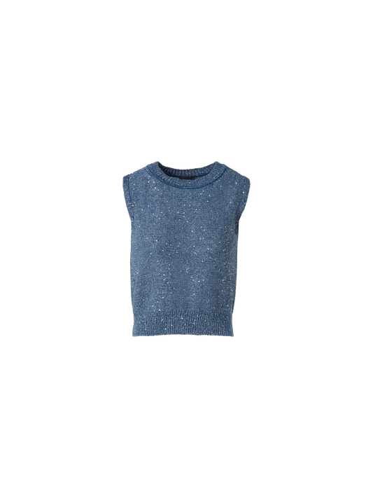 Designer Sleeveless Linen Cotton Knit Top with Sequins - blue
