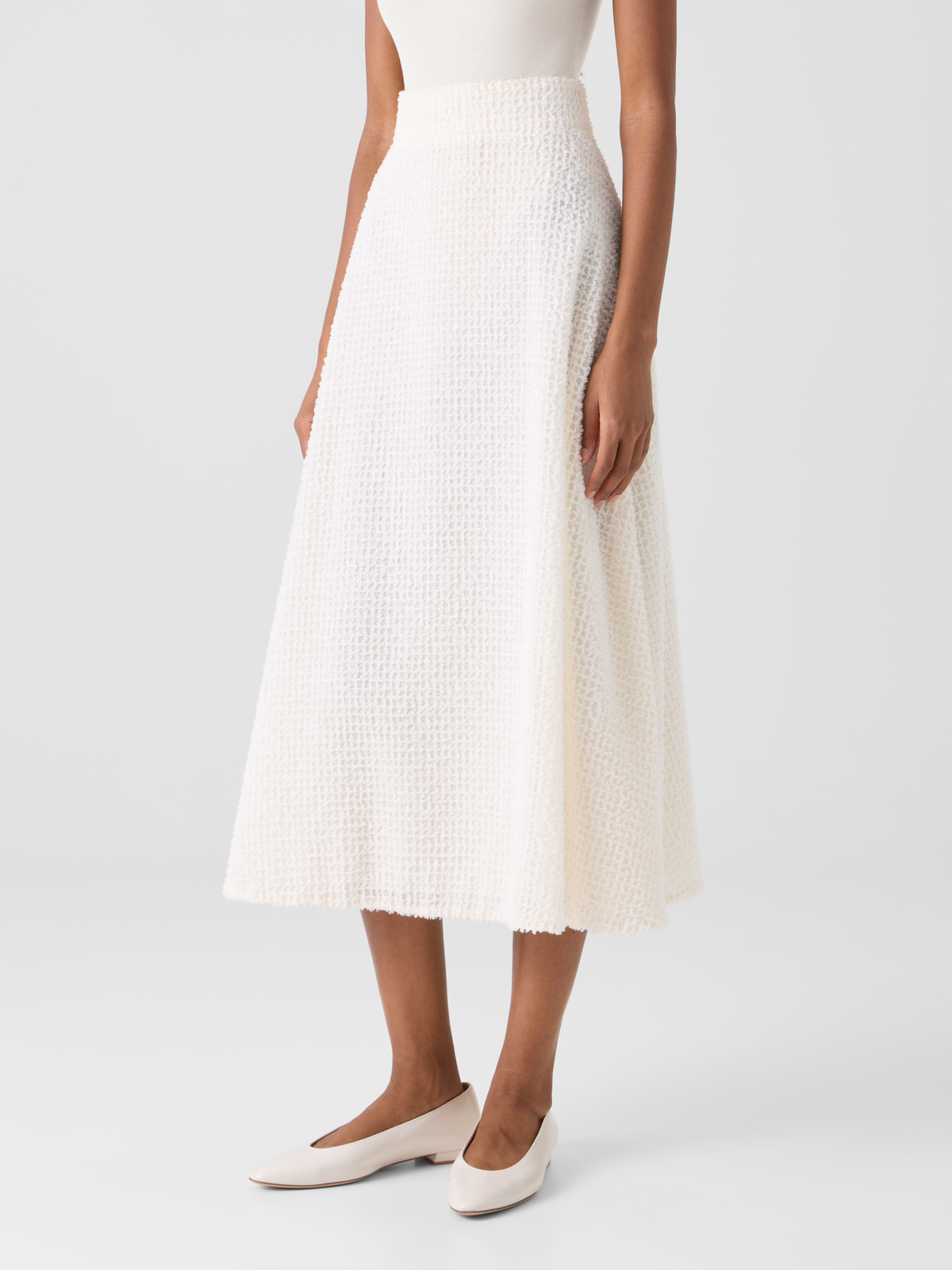 Designer Flared Midi Skirt in Fringed Grid - ecru #editorial