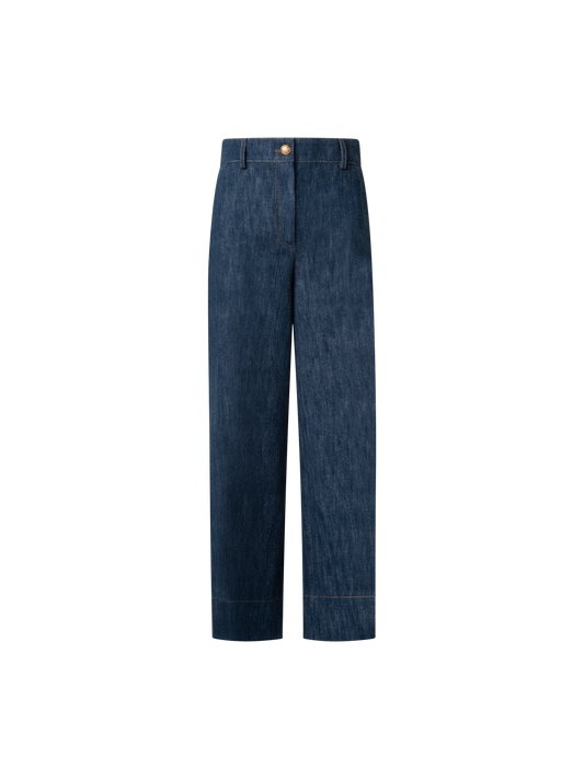 Designer Cropped Wide Cotton Wool Denim Pants - navy - blue