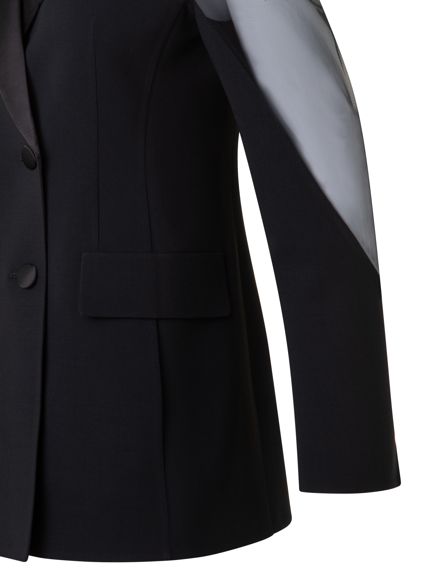 Designer Wool Satin Tuxedo Jacket with Sheer Shoulders