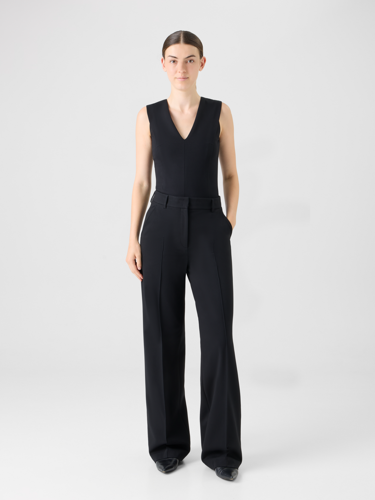 Designer V-Neck Top in Signature Jersey - black #editorial