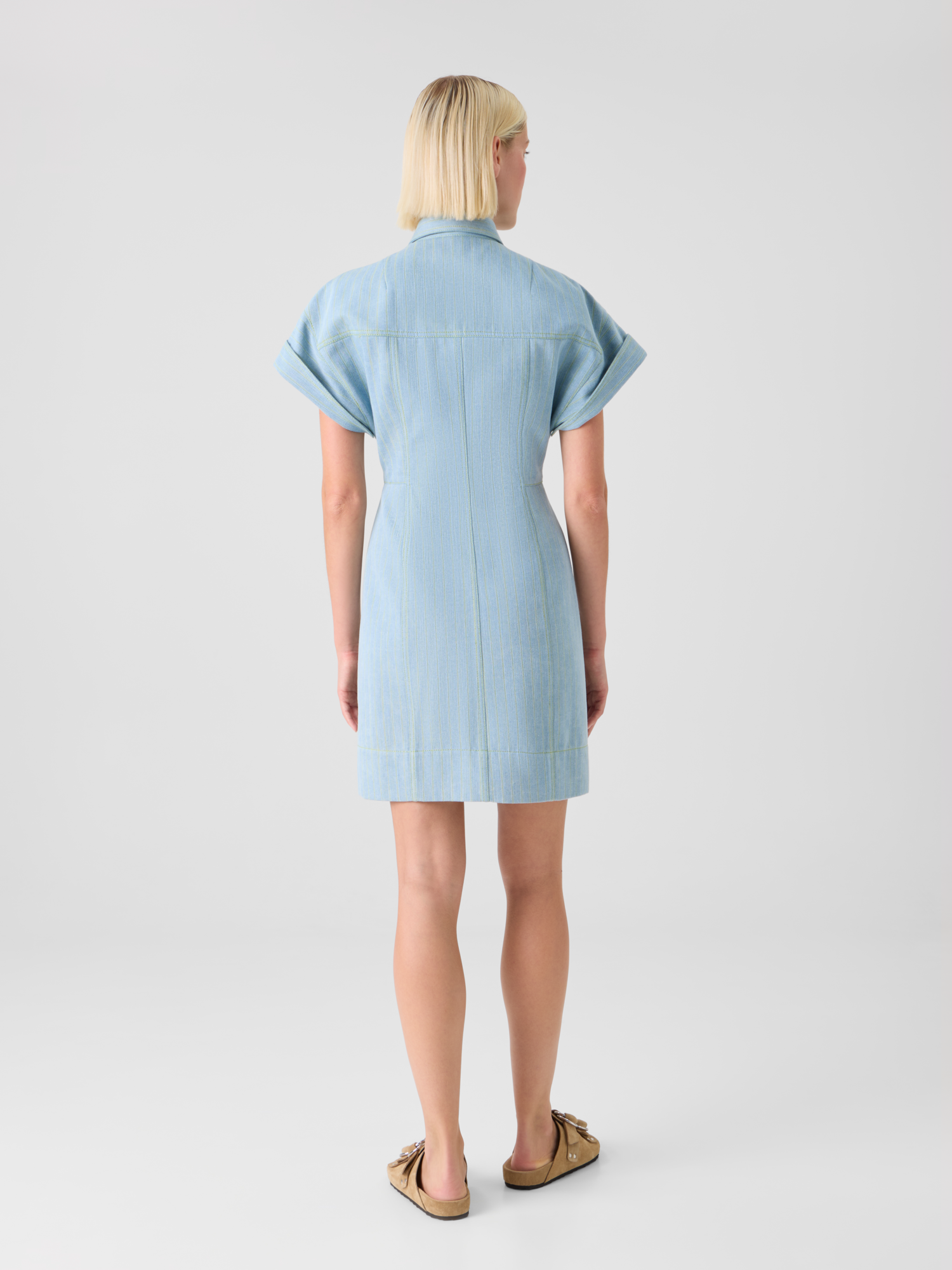 Designer Fitted Pinstripe Denim Mini Shirt Dress - blue