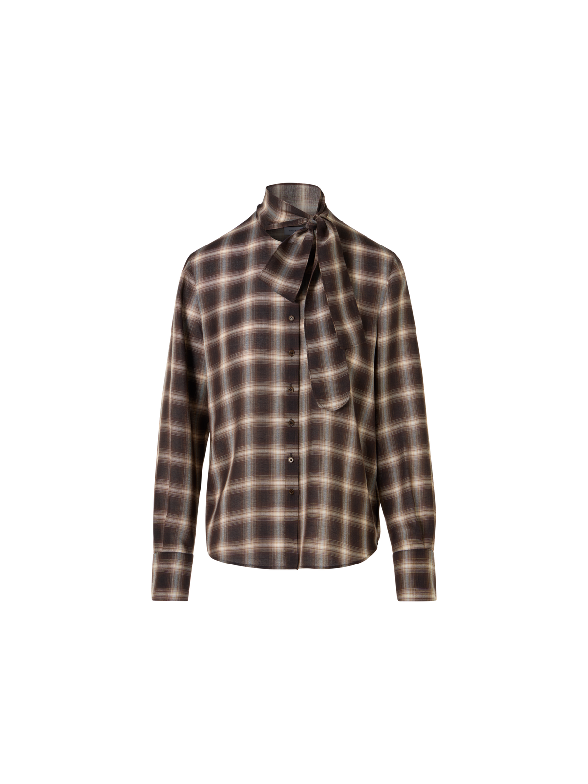 Designer Plaid Blouse in Wool Shelley with Bow Collar - brown - multicolor
