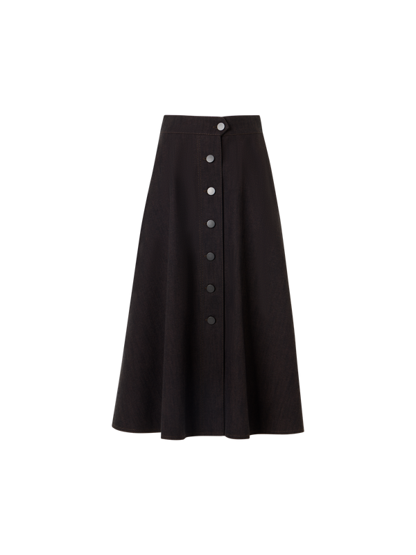 Designer Flared Midi Skirt in Brushed Winter Denim - brown