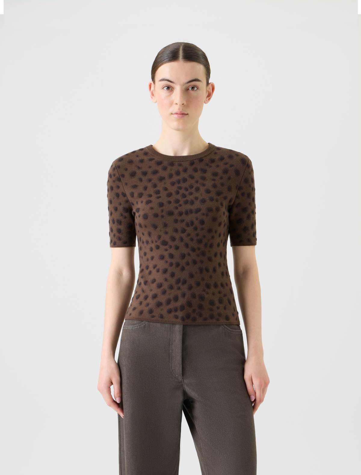 Designer Fitted Merino Wool Knit Top in Leopard Jacquard - neutral - brown #editorial