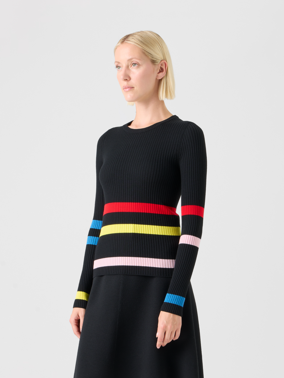 Designer Color-Block Stripe Ribbed Knit Sweater - black #editorial