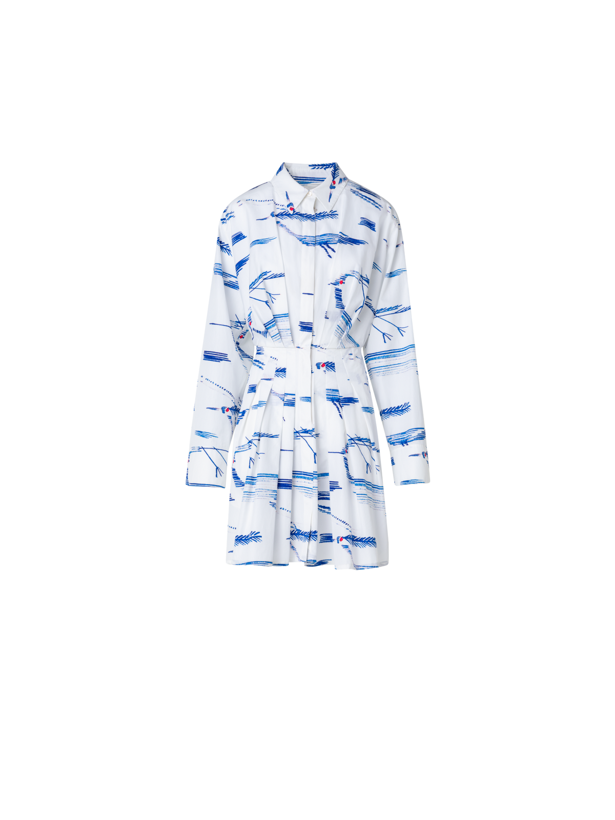Designer Pleated Shirt Dress with Kasuri Birds Print - blue - multicolor - ecru - white