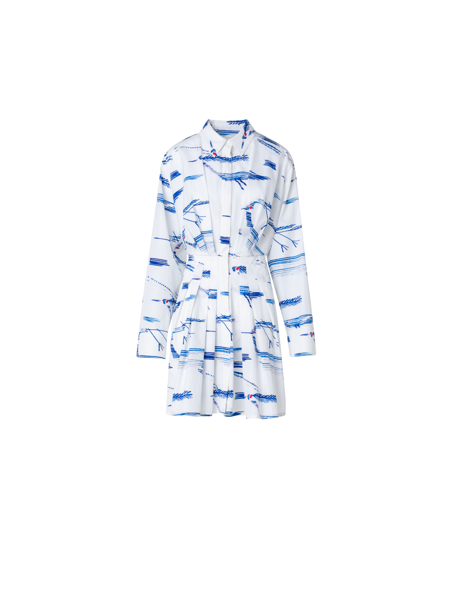 Designer Pleated Shirt Dress with Kasuri Birds Print - blue - multicolor - ecru - white