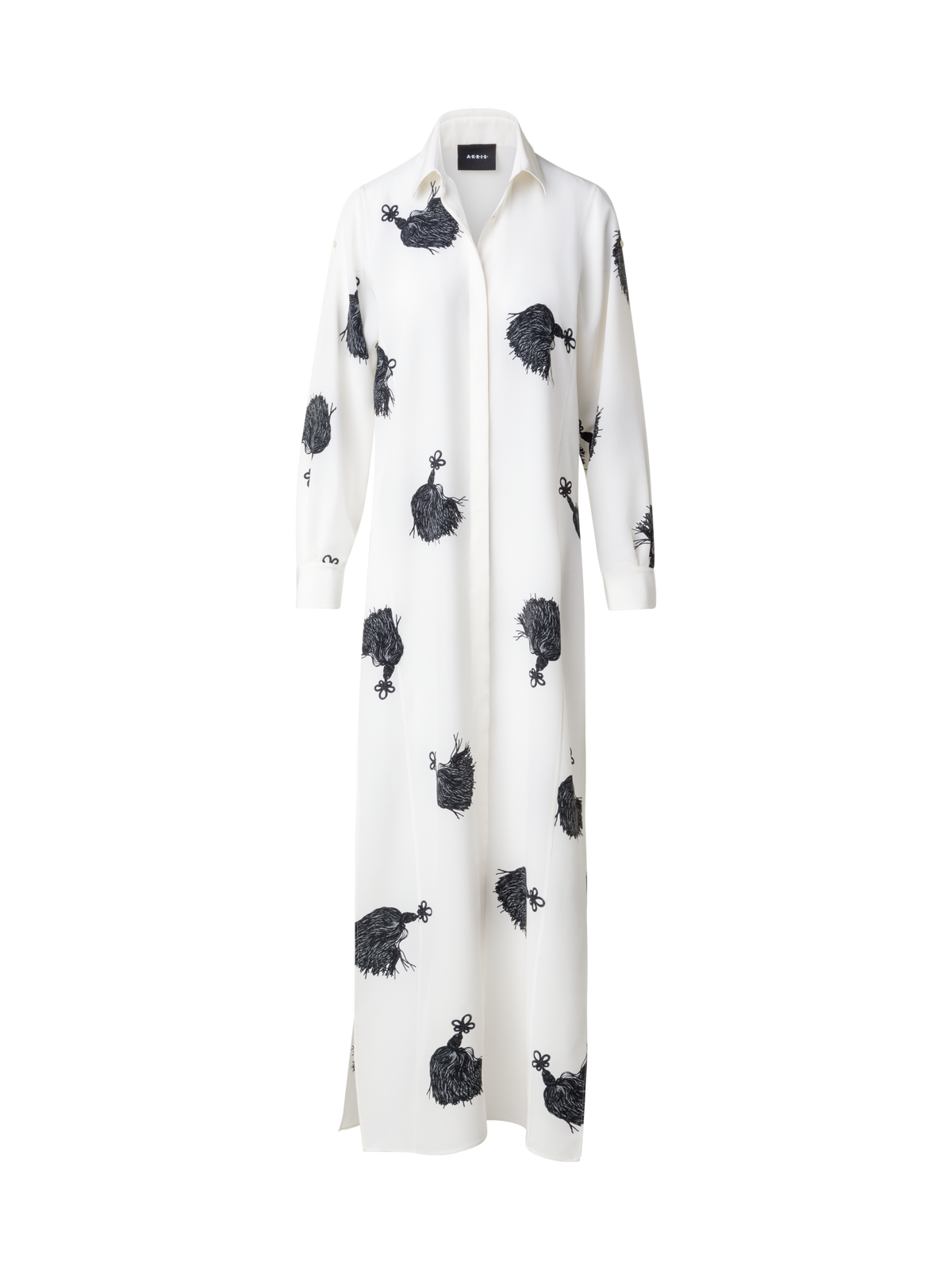 Designer Long Silk Tunic Dress with Tassels Print - multicolor - ecru - white