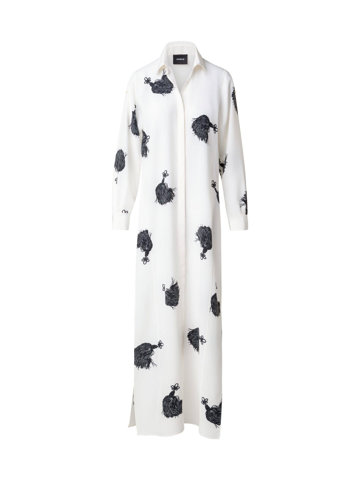 Designer Long Silk Tunic Dress with Tassels Print - multicolor - ecru - white