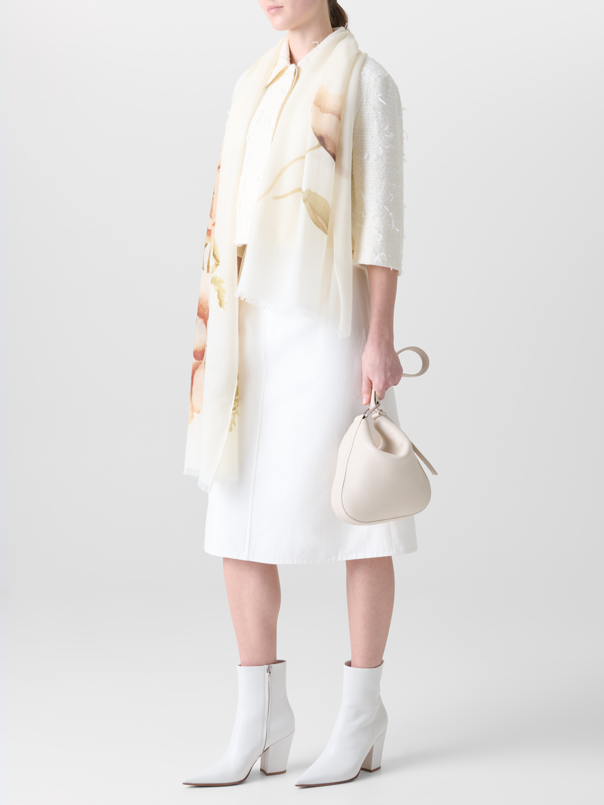Designer Cashmere Silk Scarf with Placed Anemone Print - neutral - pastel - multicolor - ecru - white #editorial