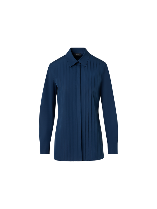 Designer Cotton Poplin Blouse with Pleated Front - blue