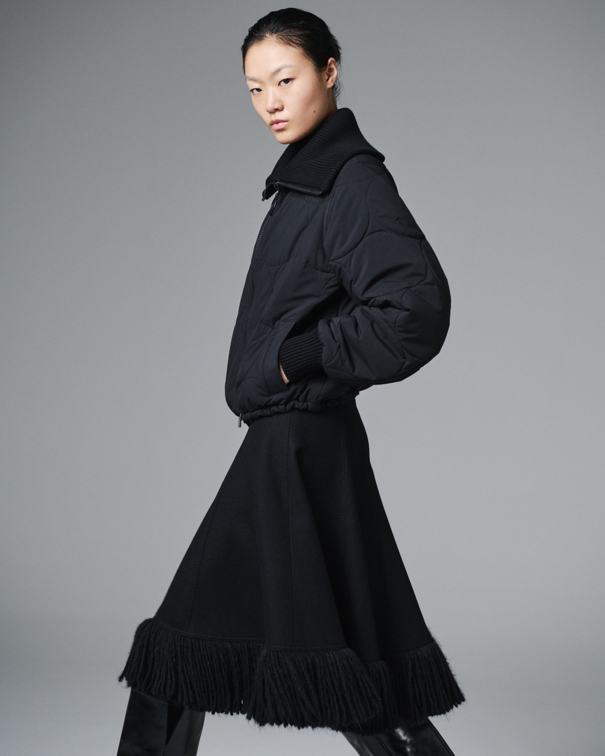 Designer Taglio Vivo Midi Skirt with Fringes - black #editorial