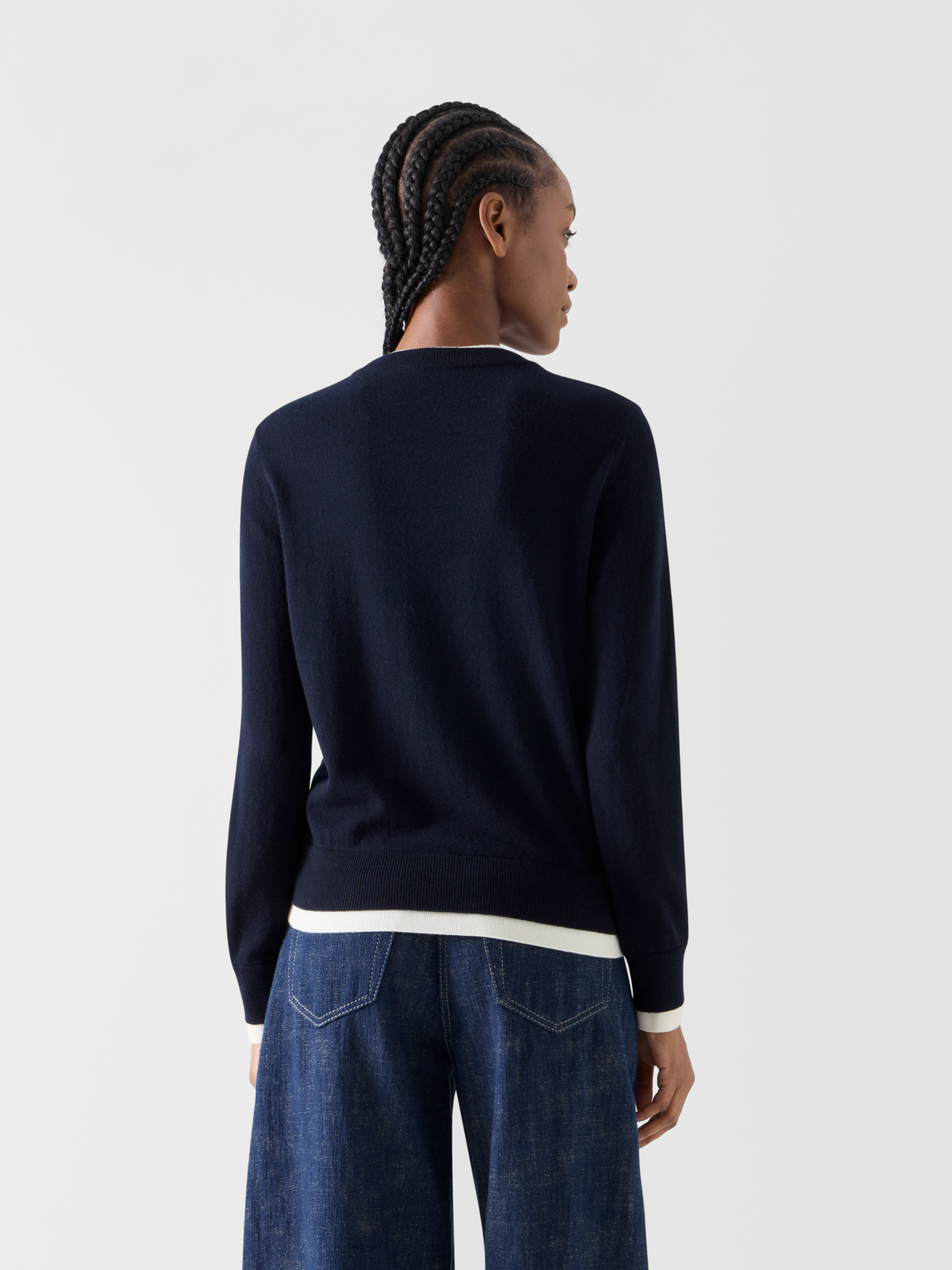 Designer Wool Cashmere Sweater with V-Neck Trompe l'Oeil - navy #editorial