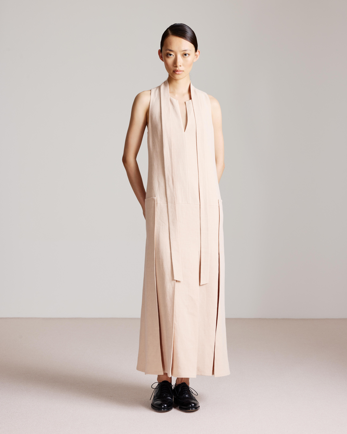Designer Pleated Midi Dress in a Linen Wool Blend - neutral - pastel - beige #editorial