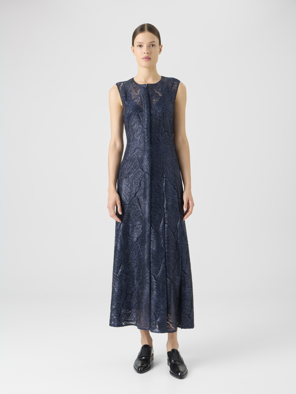 Designer Lacquered Sea Fan Lace Midi Dress - navy - blue #editorial