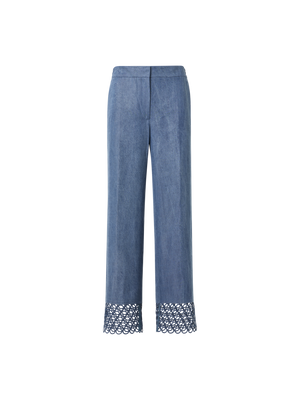 Designer Marlon High Waist Denim Cropped Pants with Eyelet Guipure - blue