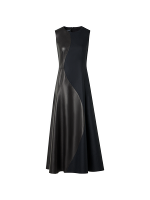 Designer Flared Midi Dress with Leather Patchwork - black