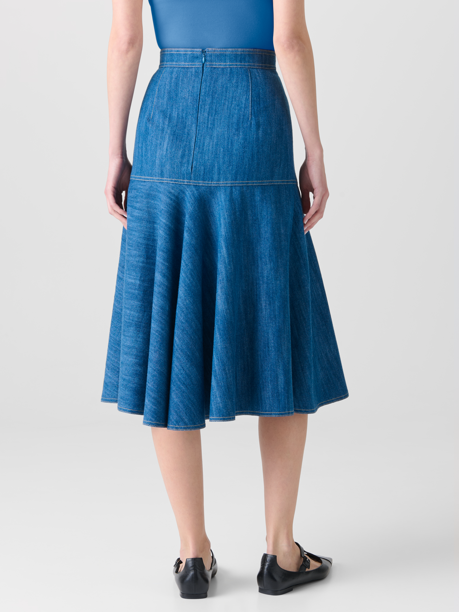 Designer Cotton Stretch Denim Skirt with Flounce Hem - blue 