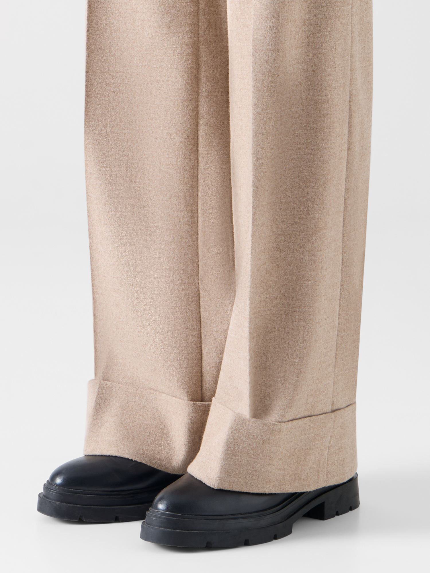 Designer Wide Leg Wool Flannel Pants with High Cuff - beige 