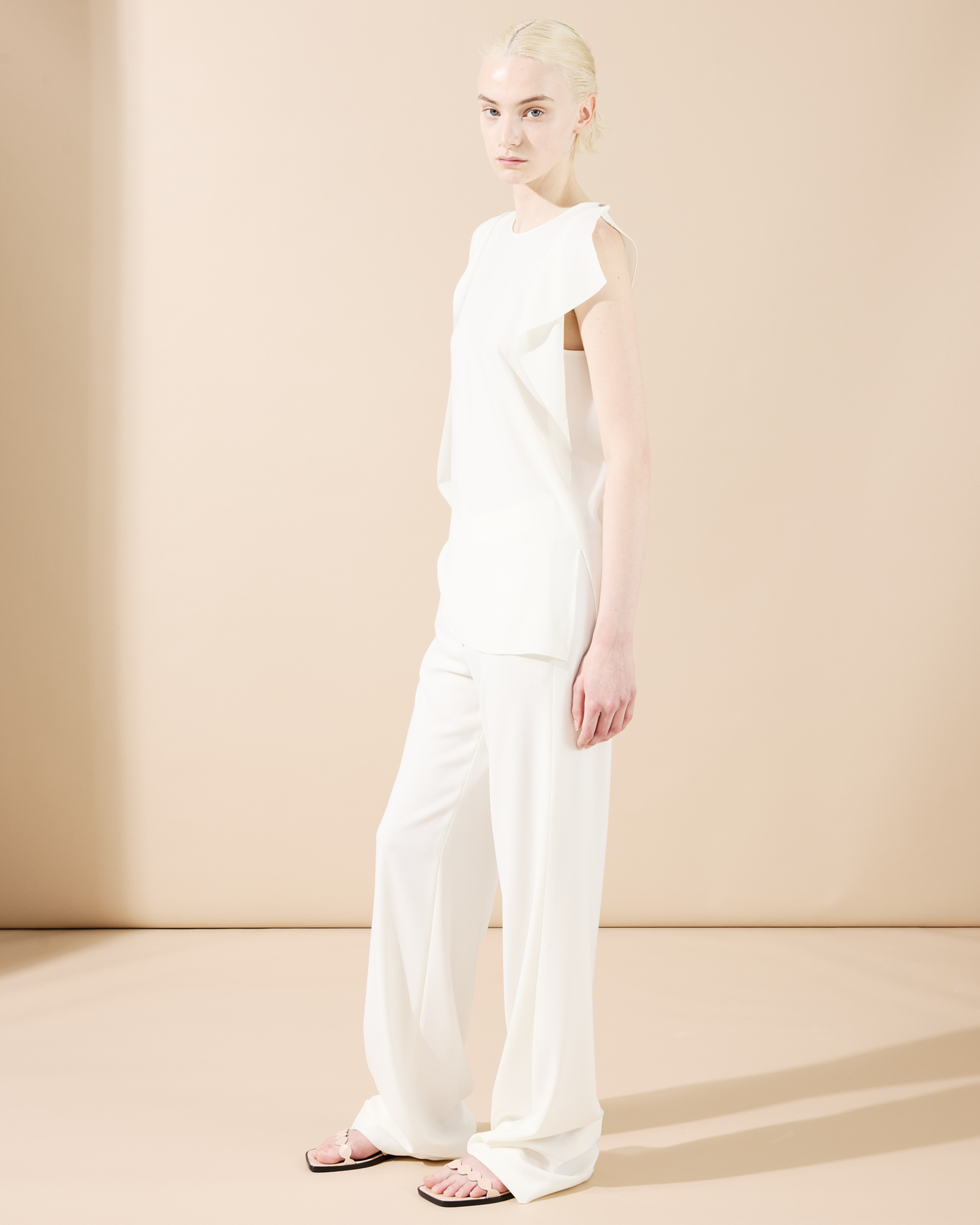 Designer Straight Laser Cut Pants with Elastic Waist - neutral - ecru - white 