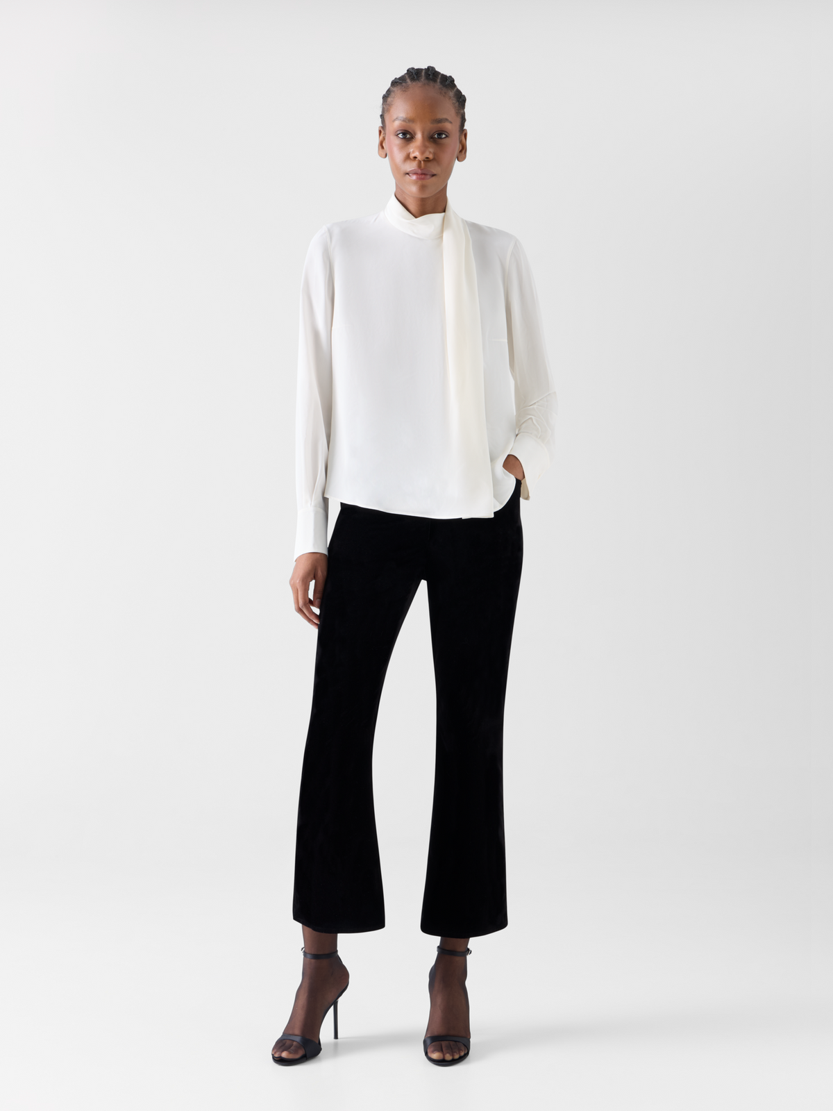 Designer Cropped Bootcut Cotton Stretch Velvet Pants - black 