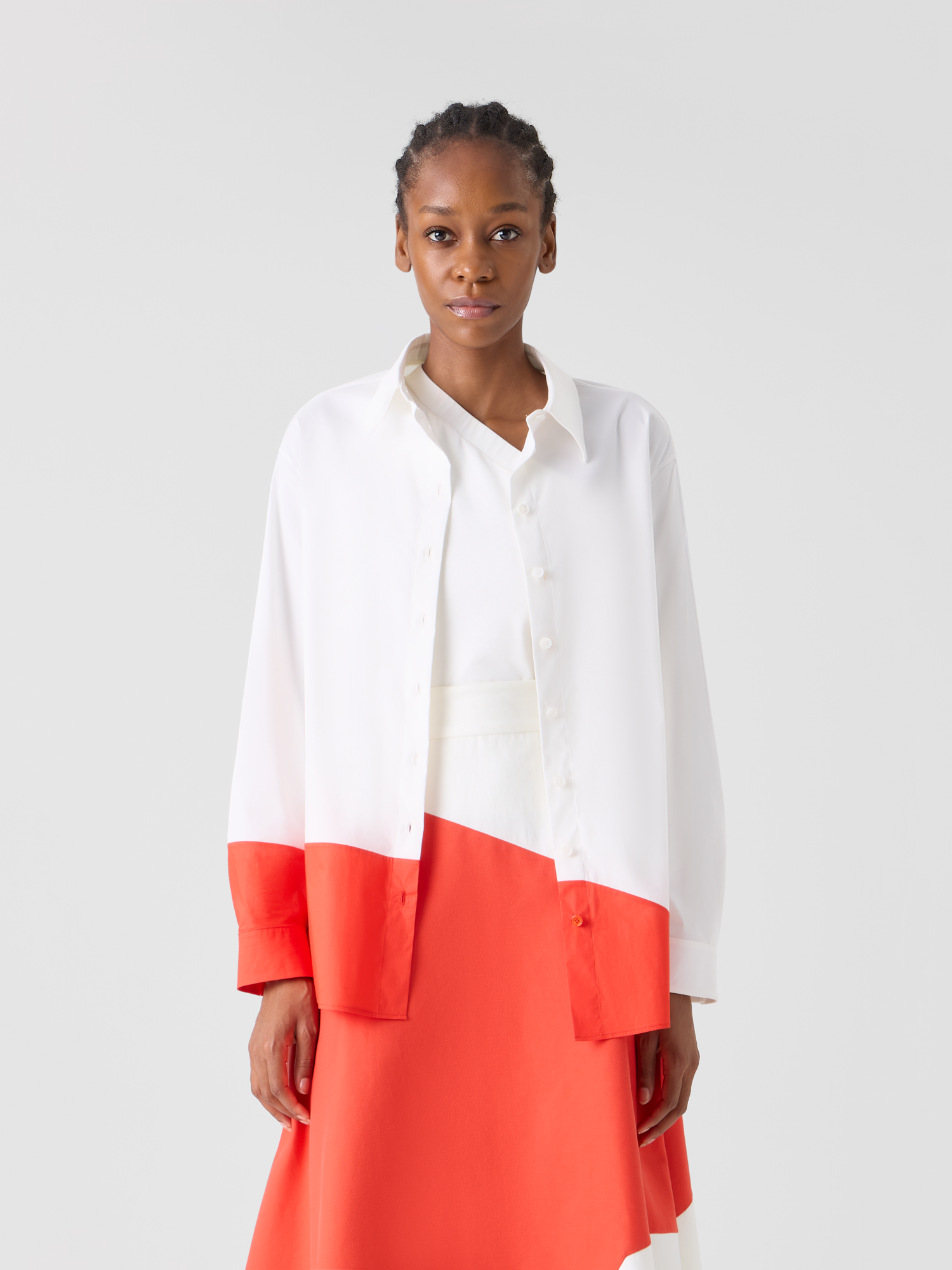 Designer Oversize Cotton Blouse with Poligon Patchwork - ecru 