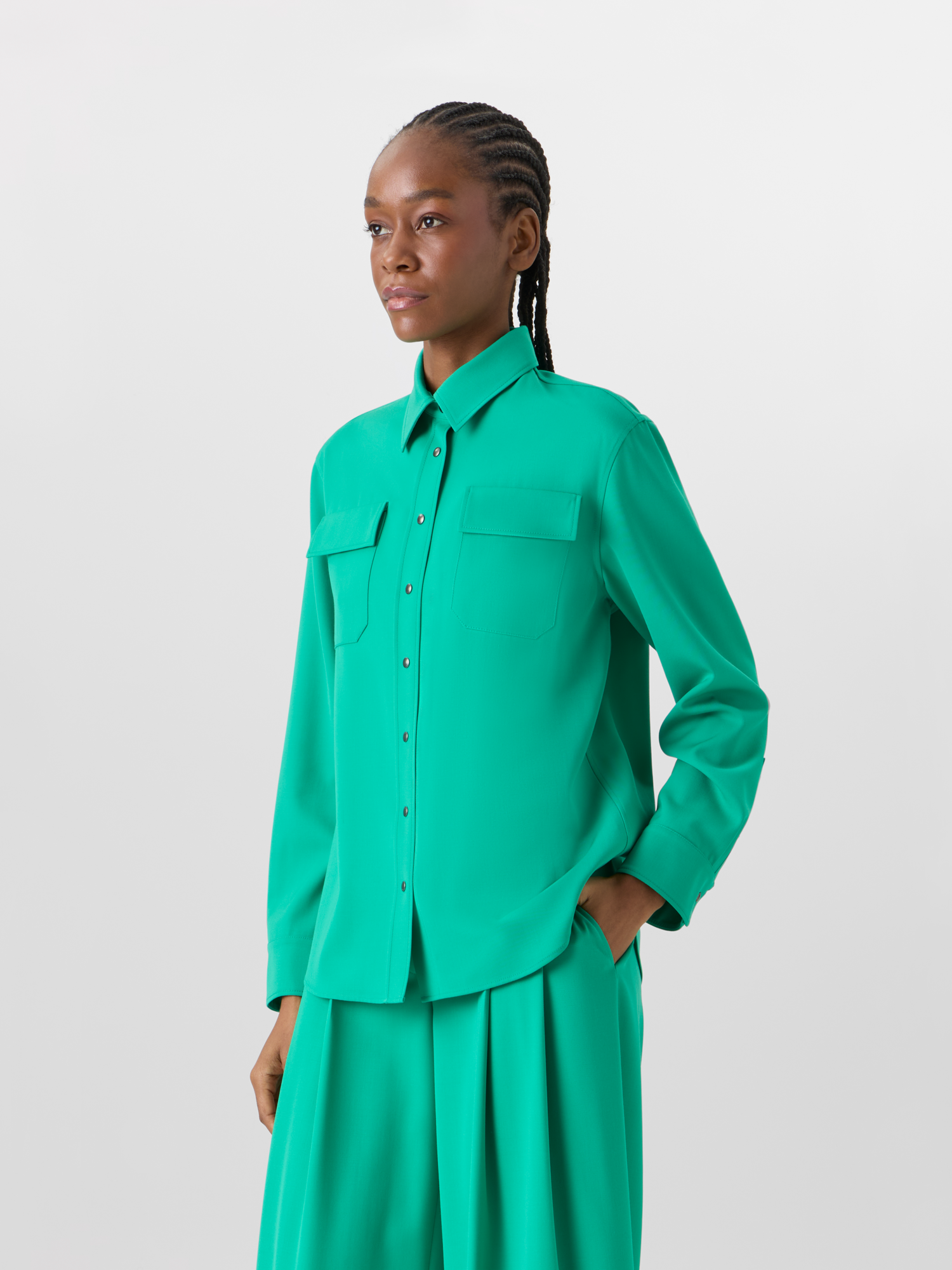 Designer Long-Sleeve Wool Gabardine Blouse - green 