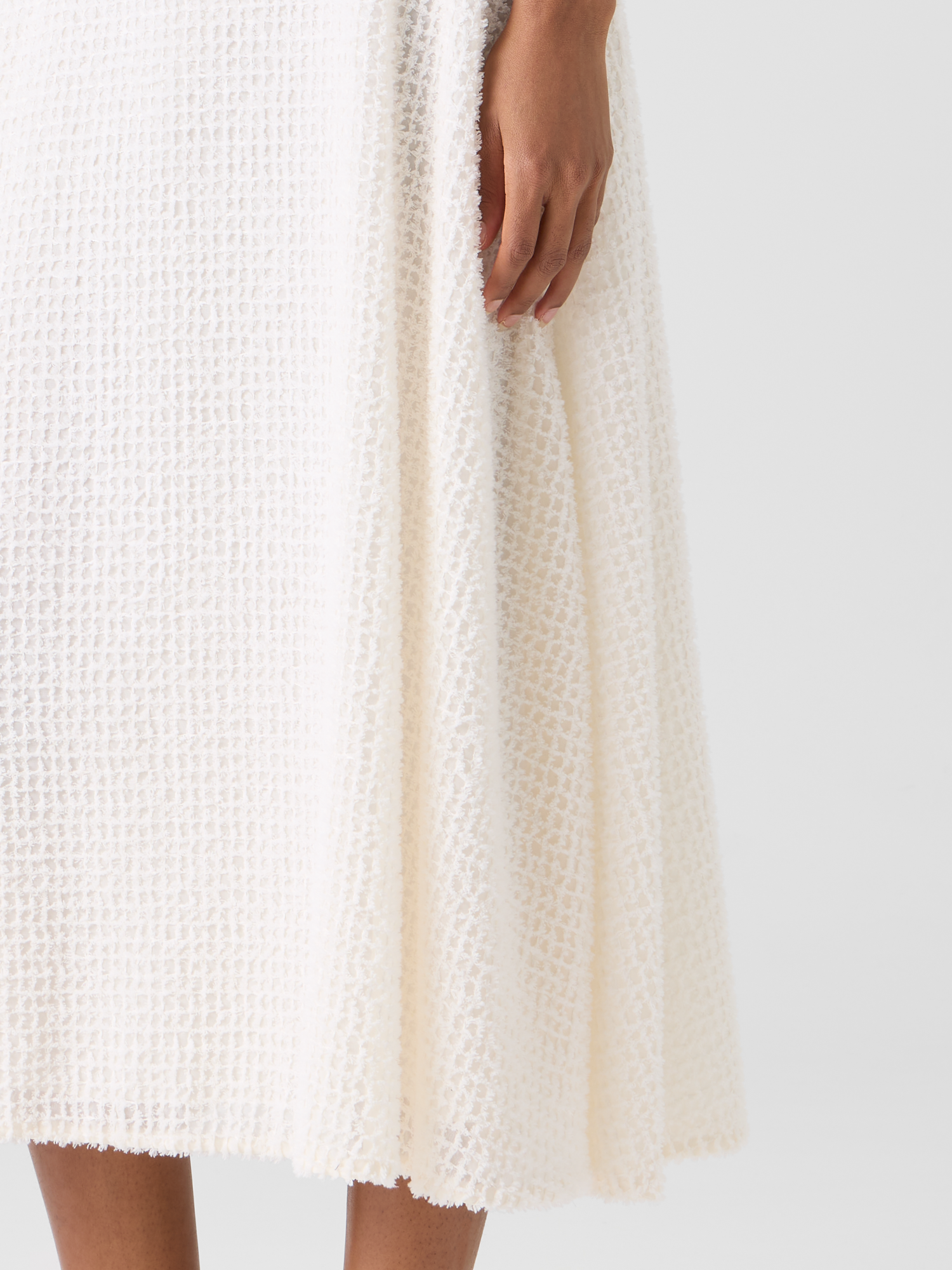 Designer Flared Midi Skirt in Fringed Grid - ecru 