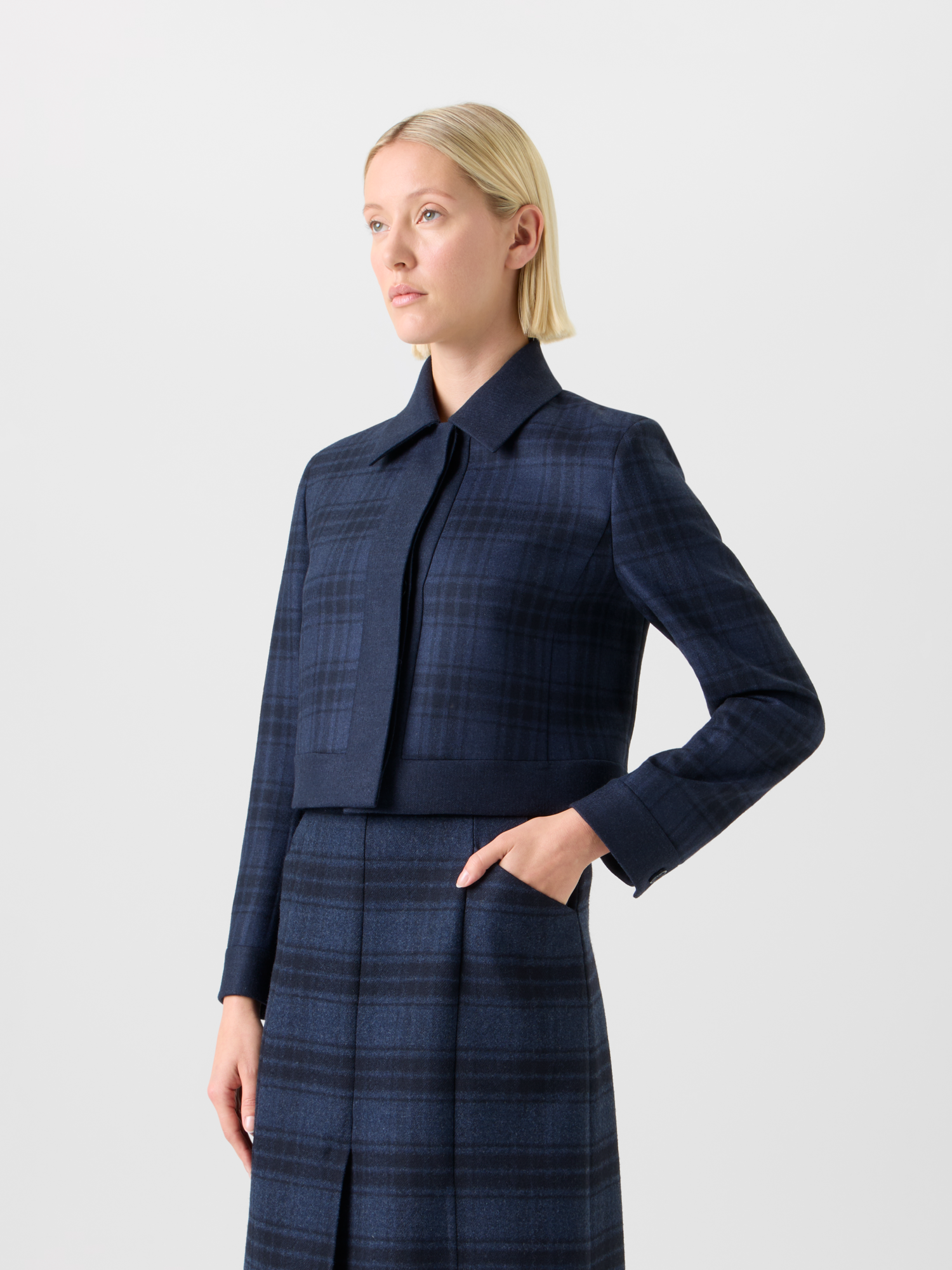Designer Short Wool Double-Face Plaid Jacket - neutral - navy - blue 