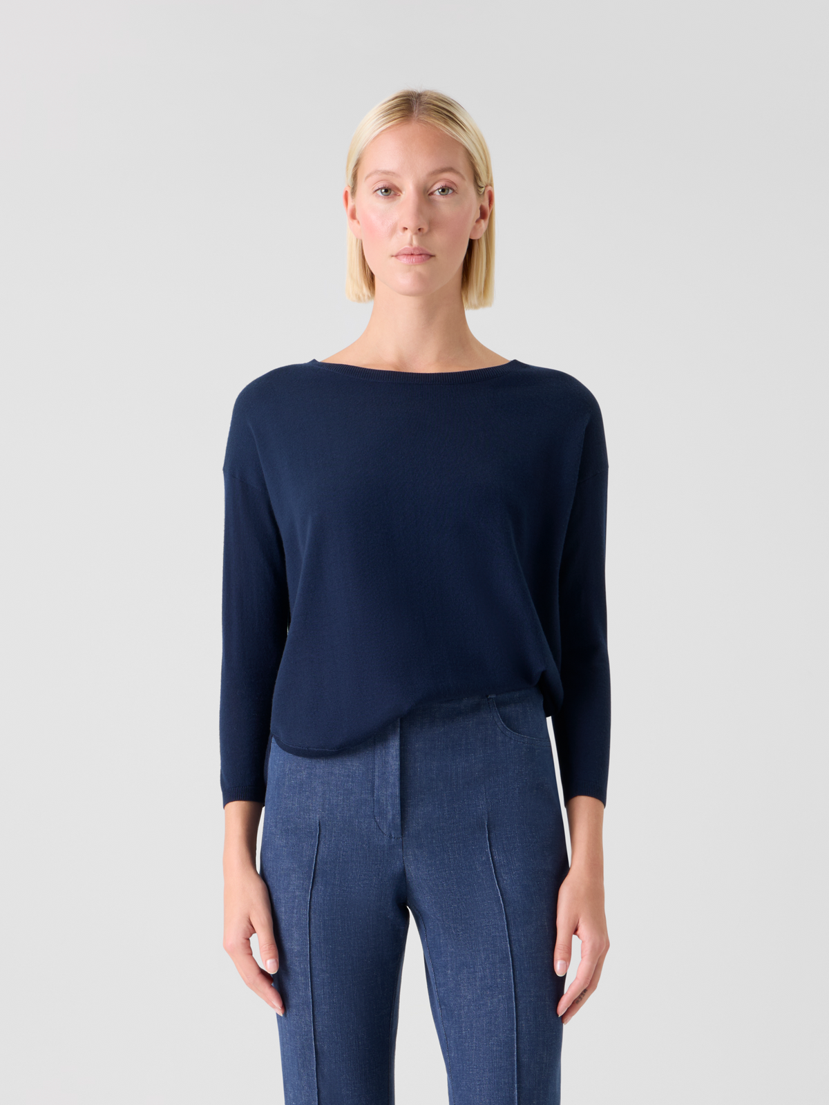 Designer Fine Merino Wool Signature Knit Sweater - navy - blue #editorial