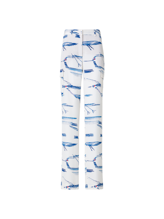 Designer Silk Cargo Pants with Kasuri Birds Print - blue - multicolor - ecru - white
