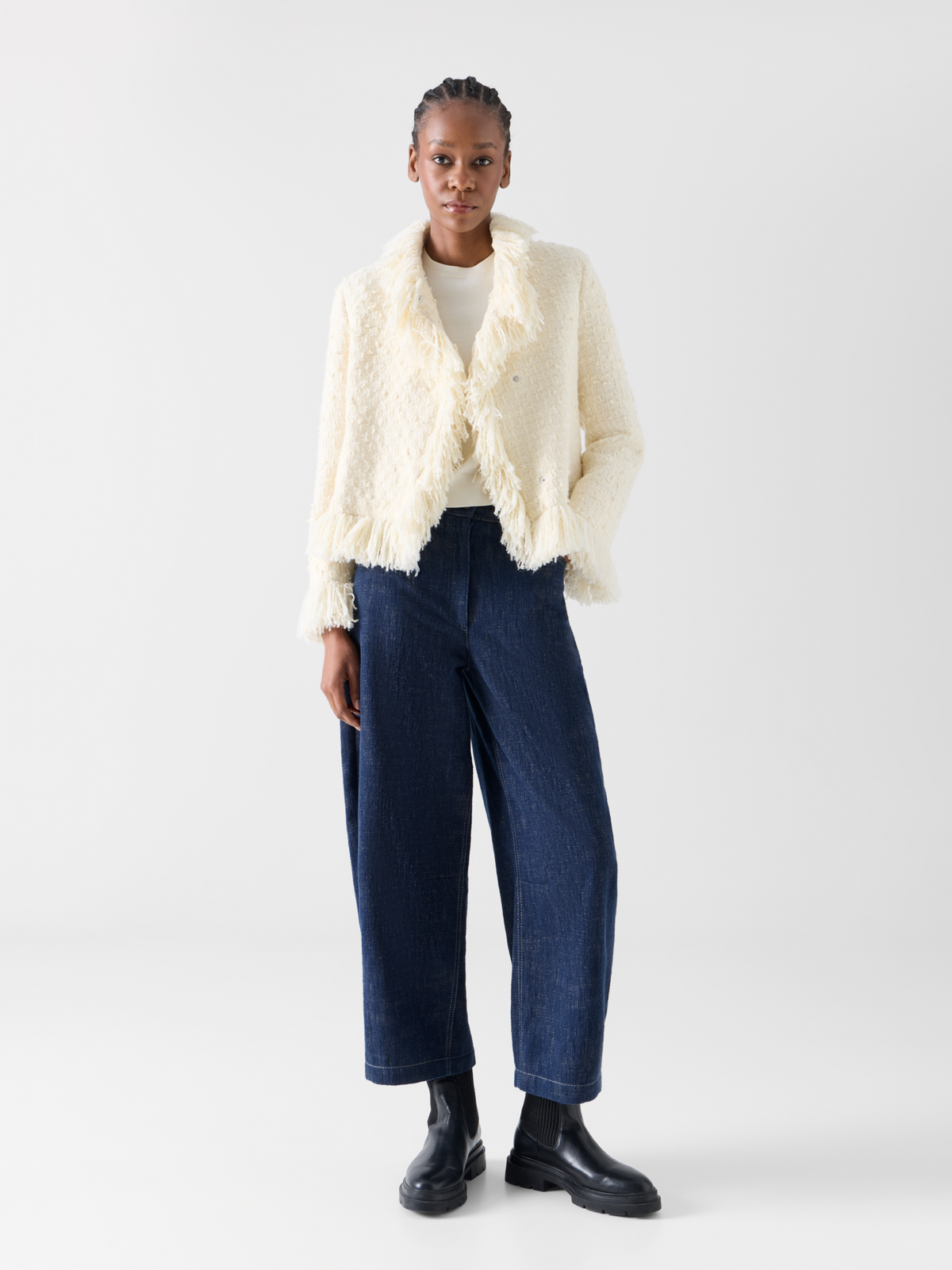 Designer Tweed Jacket with Fringed Edges - ecru #editorial