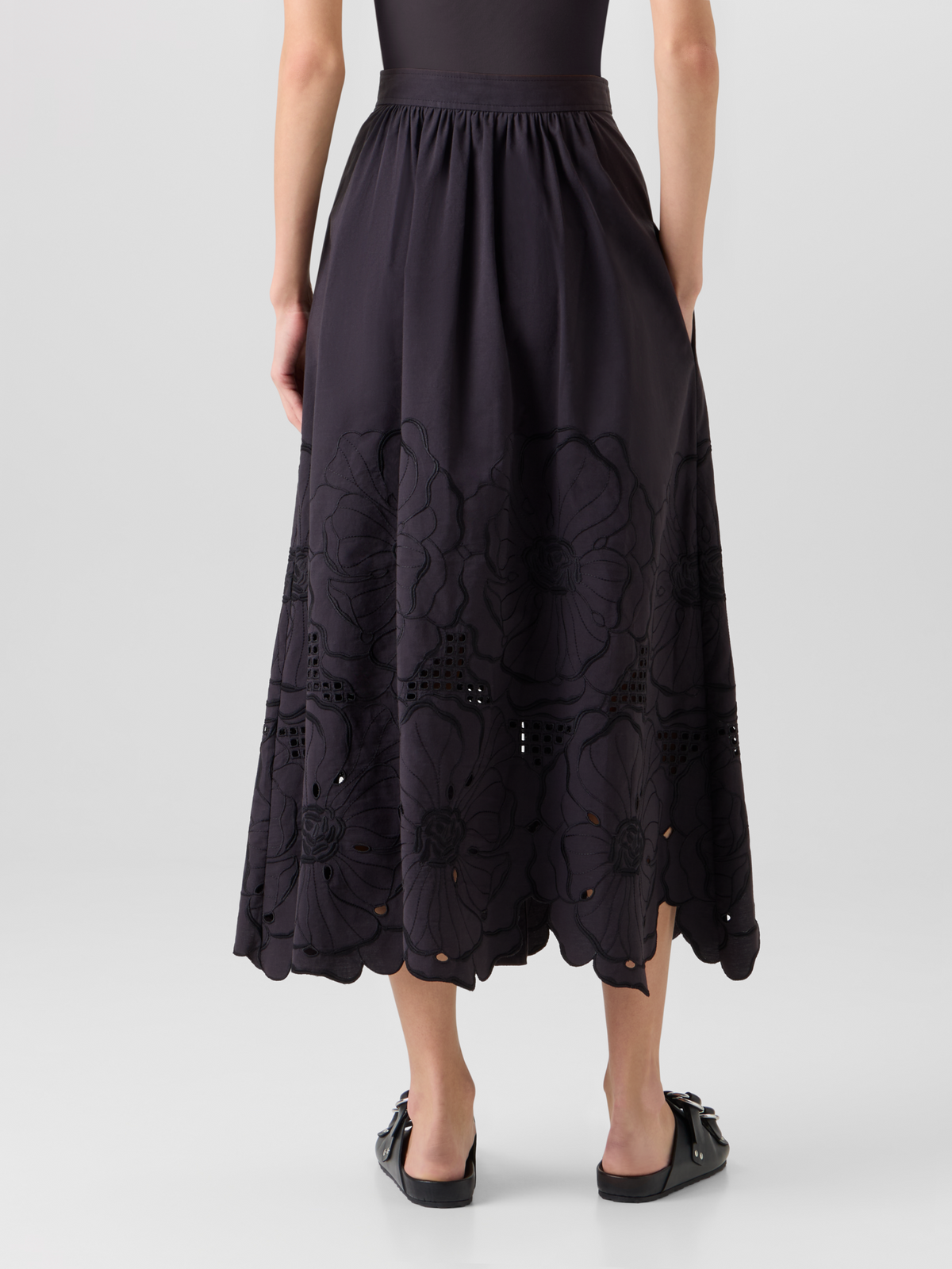 Designer Flared Flower Eyelet Midi Skirt - black #editorial