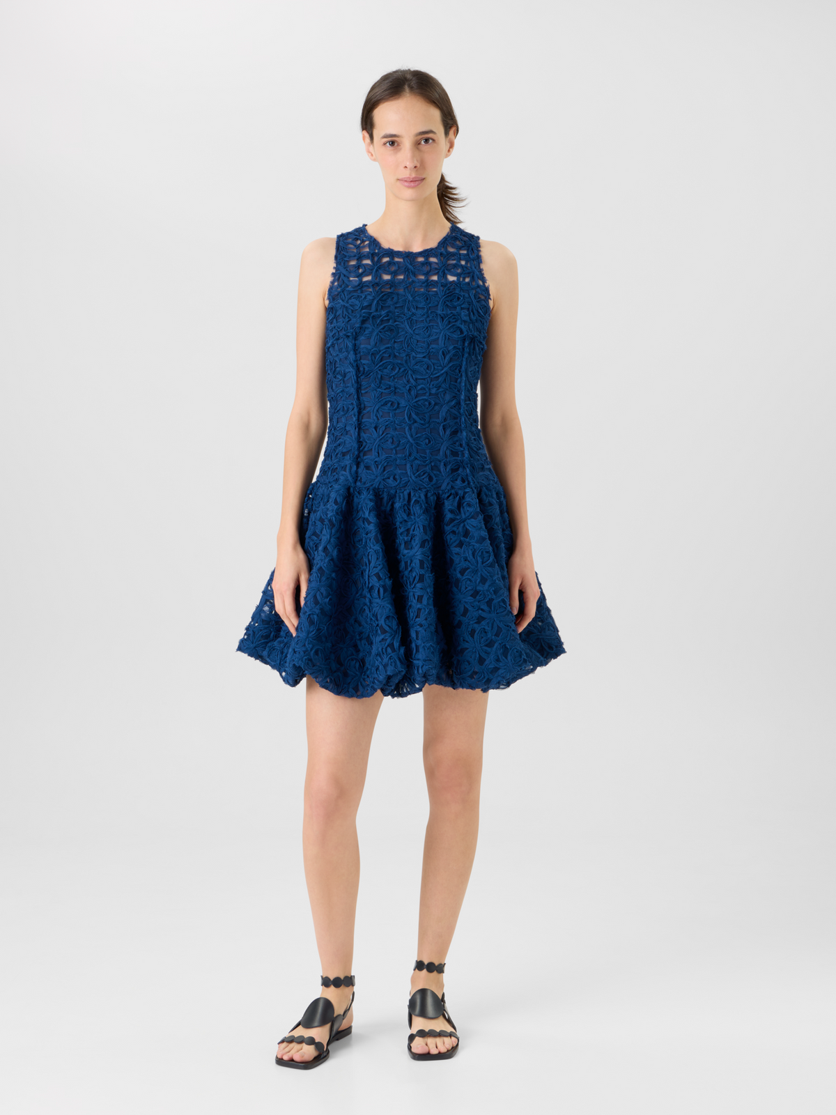 Designer Flounced Mini Dress in 3D Scribble Tulle - navy