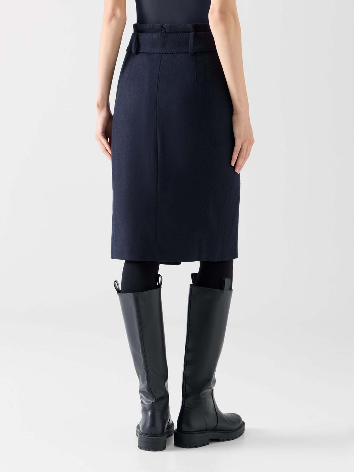Designer High Waist Wool Flannel Pencil Skirt - navy #editorial