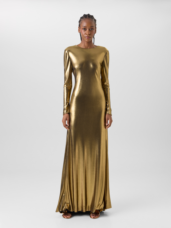 Designer Lamé Jersey Gown with Open Back and Knot Detail - gold #editorial