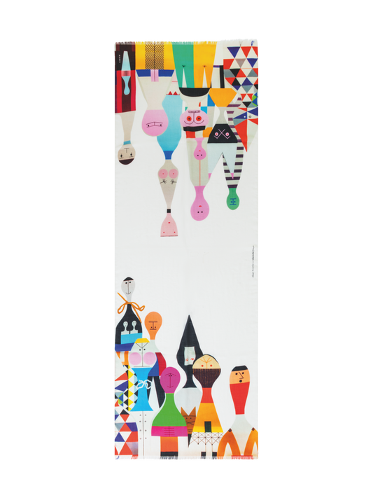 Designer Cashmere Silk Scarf with Wooden Dolls Print - multicolor