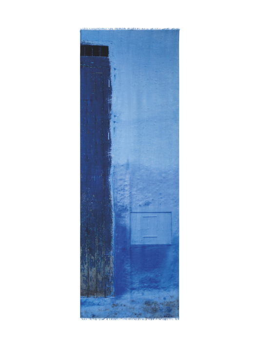Designer Cashmere Silk Chefchaouen Wood Door Print Scarf - navy - blue - purple - wine - red - pink