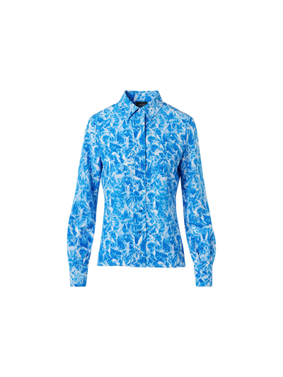 Designer Silk Crêpe Tunic Blouse with Whitecaps Print - navy - ecru