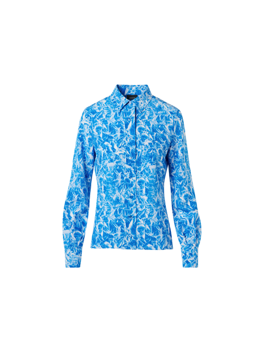 Designer Silk Crêpe Tunic Blouse with Whitecaps Print - navy - ecru