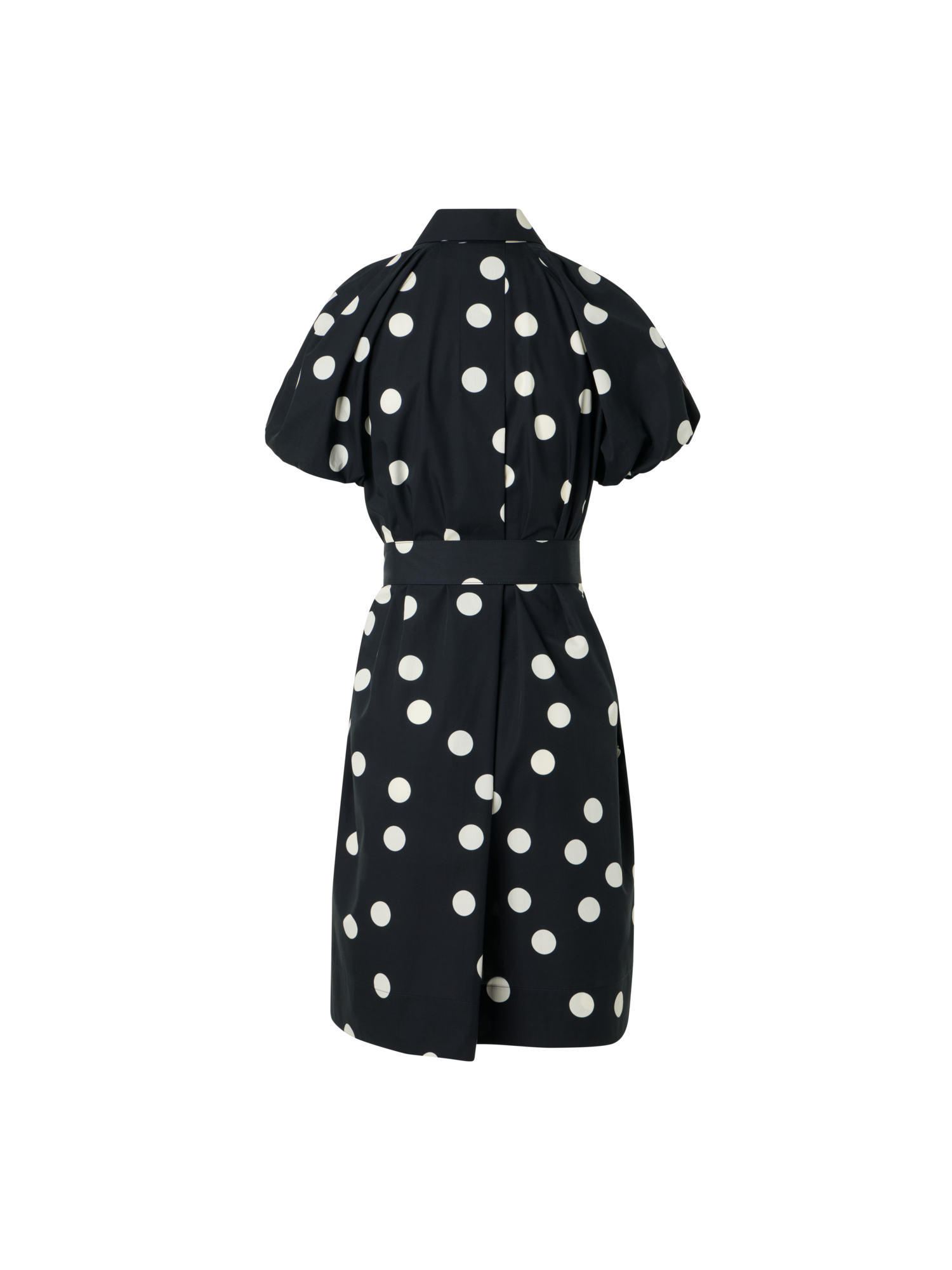 Designer Polka Dot Cotton Shirt Dress with Puff Sleeves - black